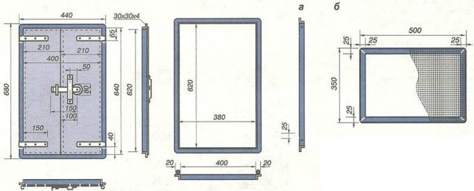 De deur en het gaas van de kookkamer van de Volkov-oven. Afmetingen in mm. a - de deur van de kookkamer; b - rooster van de kookkamer.