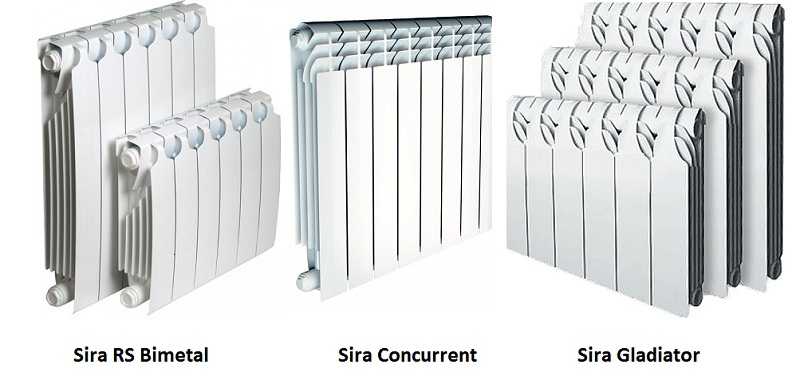 Modèles de radiateurs bimétalliques Syrah. Ils ont des collecteurs horizontaux en aluminium: Sira RS Bimetal, Concurrent, Gladiator width = 800