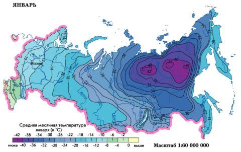Gjennomsnittlig januar temperatur for forskjellige regioner i Russland