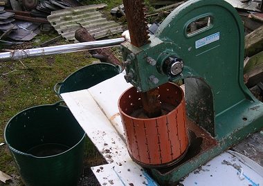 La presse verte écrase la sciure de bois dans un pot avec des trous